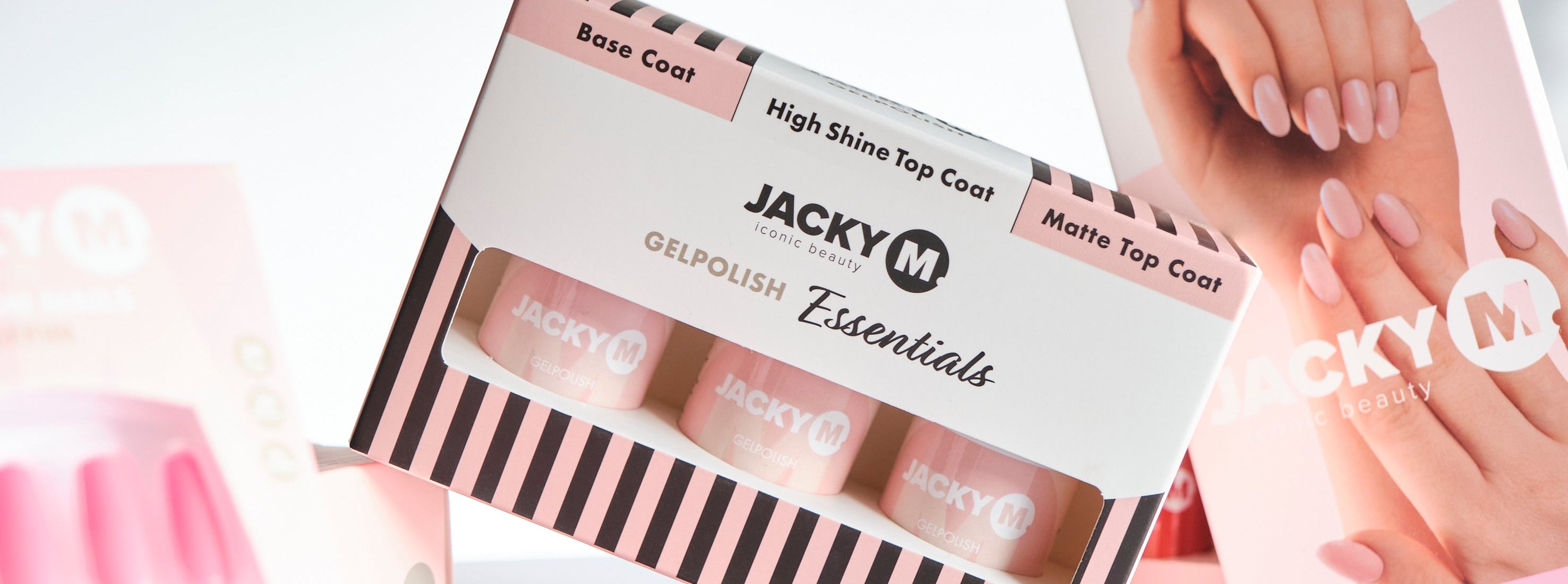 JACKY M nail products including gel polish, gel nail wraps and stick-on nails
