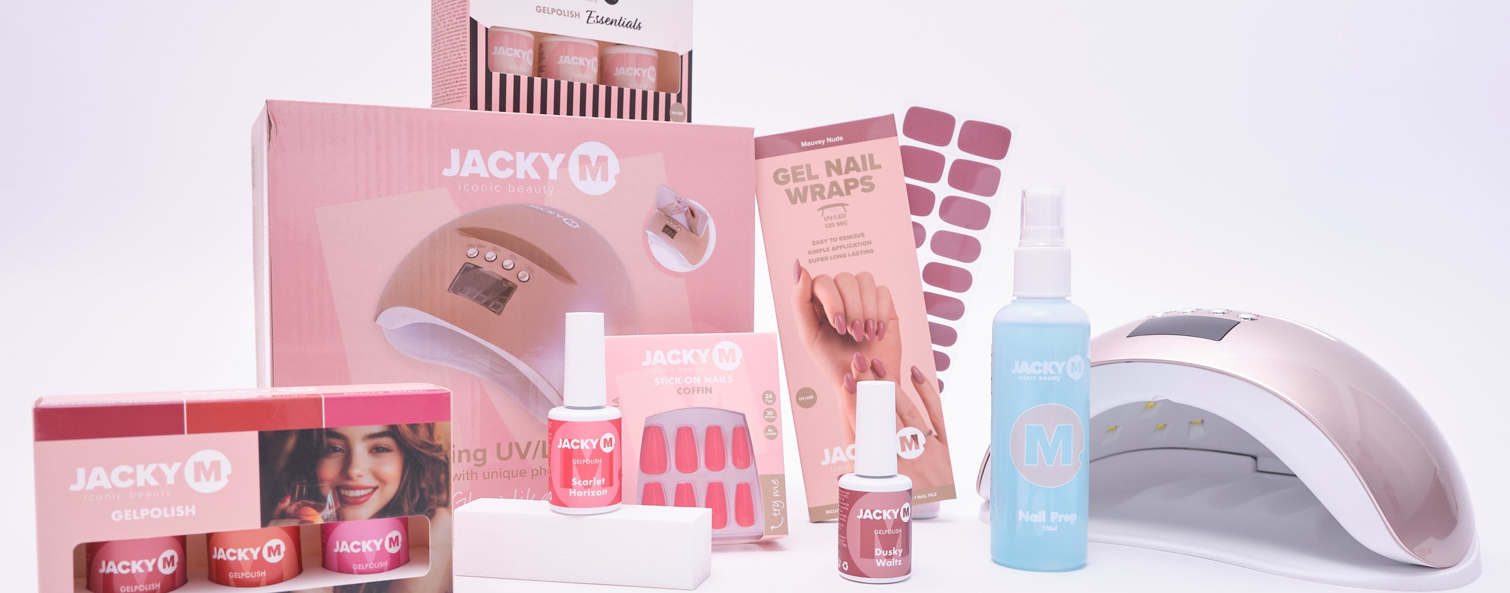 JACKY M nail products including gel polish, gel nail wraps, stick-on nails and UV lamp for at-home manicure
