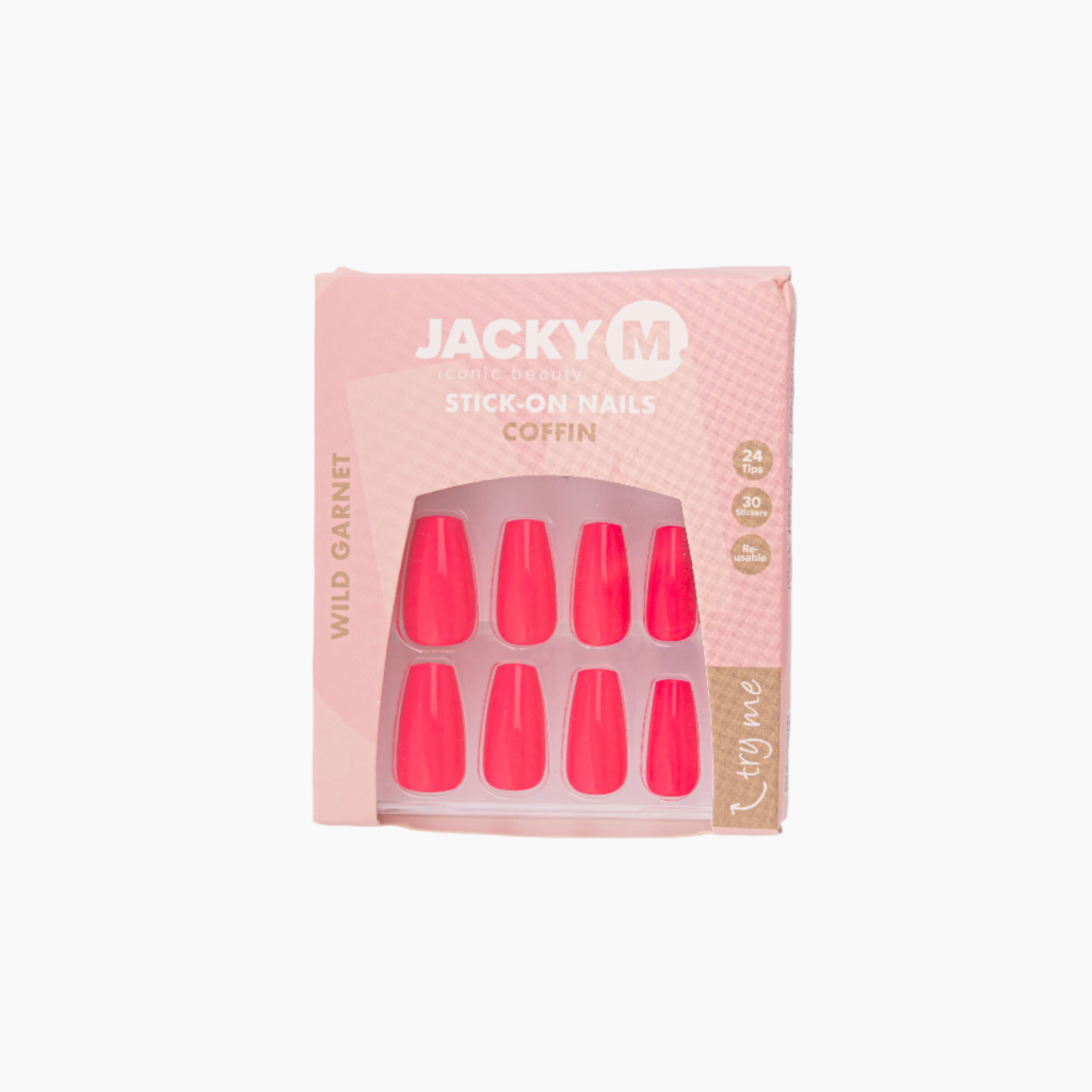 JACKY M. Stick-on Nails verpakking met 24 kunstnagels vorm: Cofifin kleur: Wild Garnet