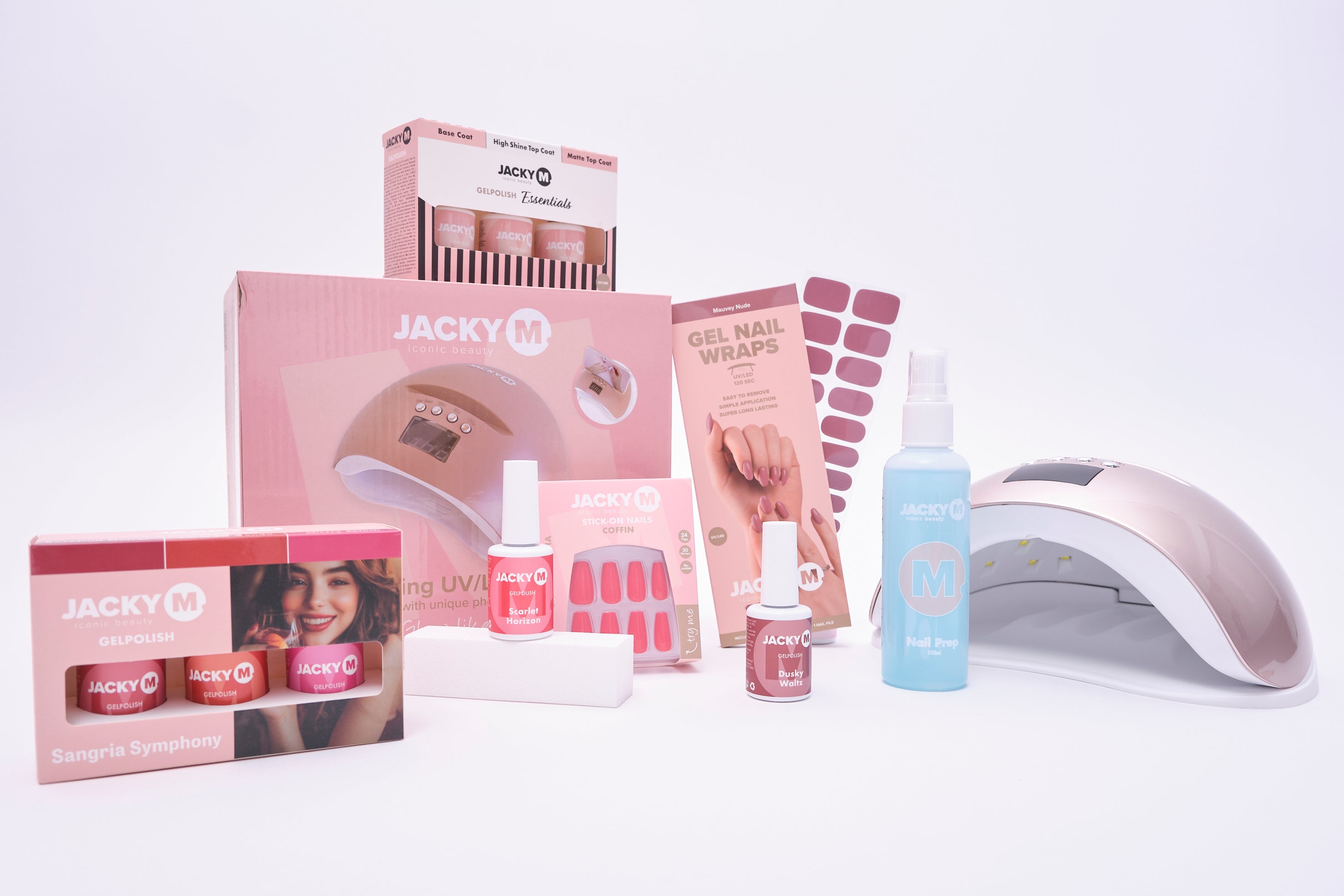 JACKY M nail products including gel polish, gel nail wraps, stick-on nails and UV lamp for at-home manicure 